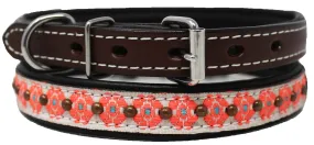 1" Wide Pink Flower Embroidered Padded Leather Studded Dog Collar 60194