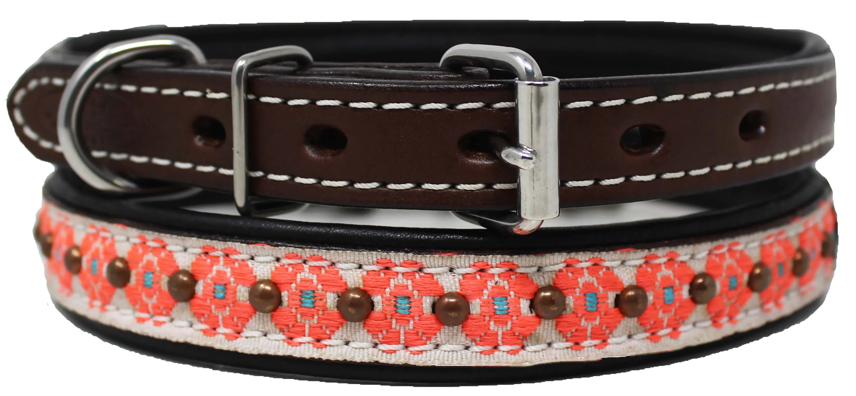 1" Wide Pink Flower Embroidered Padded Leather Studded Dog Collar 60194