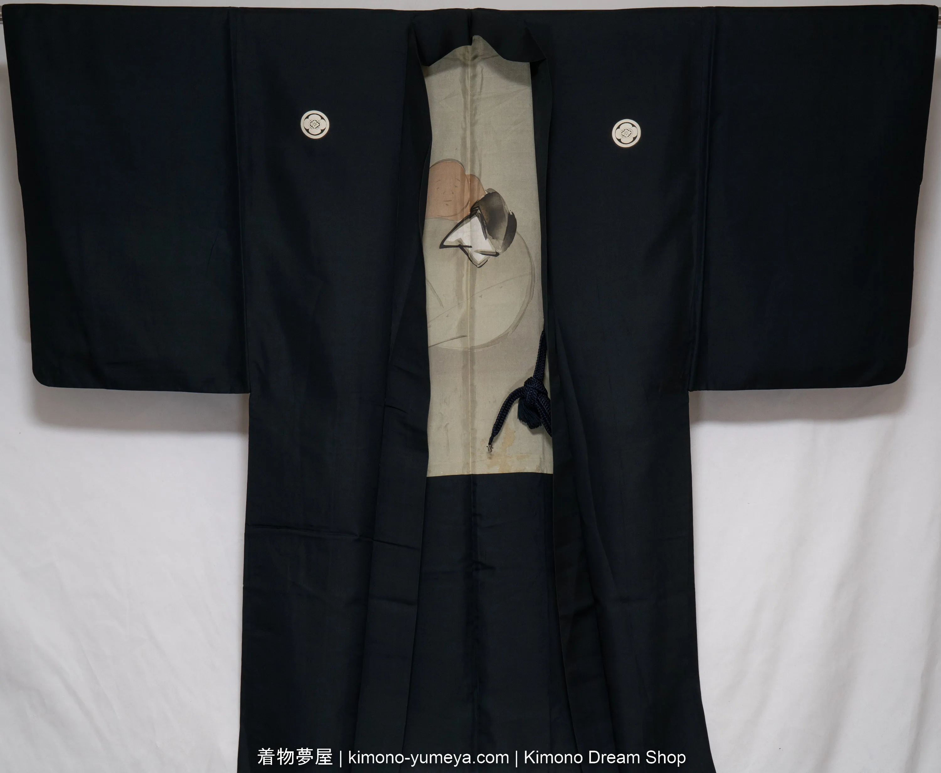Antique Kamon Haori for Men - Solid Black Montsuki Five Crests - Formal Men's Kimono Jacket - Kanji & Dharma (Daruma) Buddhist Monk on Lining - Early 1900s Japanese Clothing