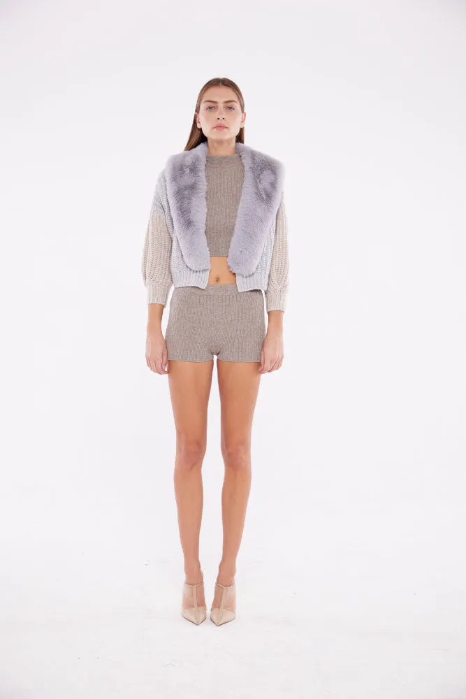 Dual Tone Faux Collar Cardigan in Fog and Sand
