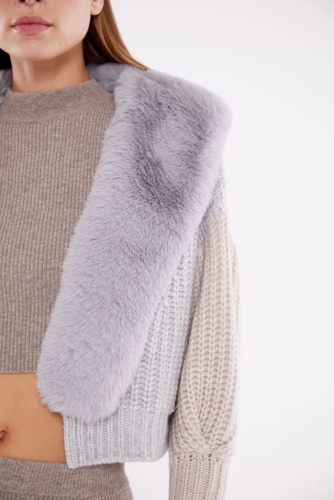 Dual Tone Faux Collar Cardigan in Fog and Sand