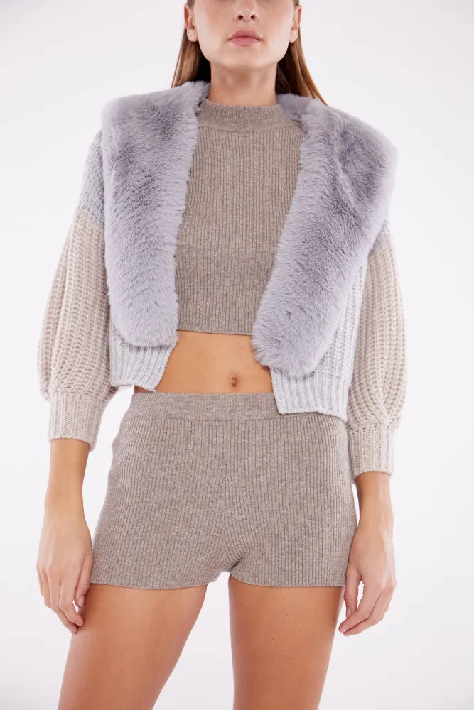 Dual Tone Faux Collar Cardigan in Fog and Sand