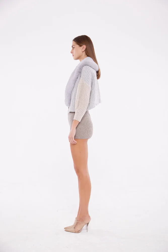 Dual Tone Faux Collar Cardigan in Fog and Sand