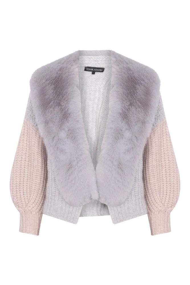 Dual Tone Faux Collar Cardigan in Fog and Sand