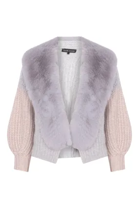 Dual Tone Faux Collar Cardigan in Fog and Sand