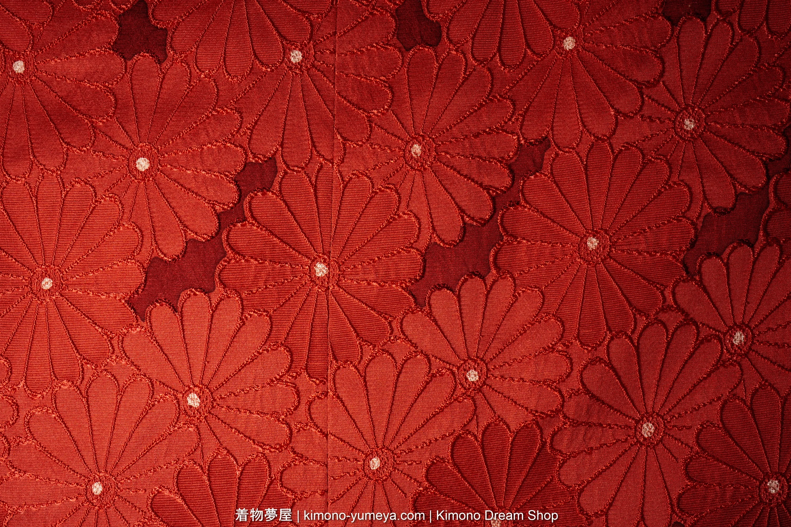 High Quality Silk Red Michiyuki with Chrysanthemums Pattern for Women - Traditional Kimono Jacket - Shibori & Hand Painting