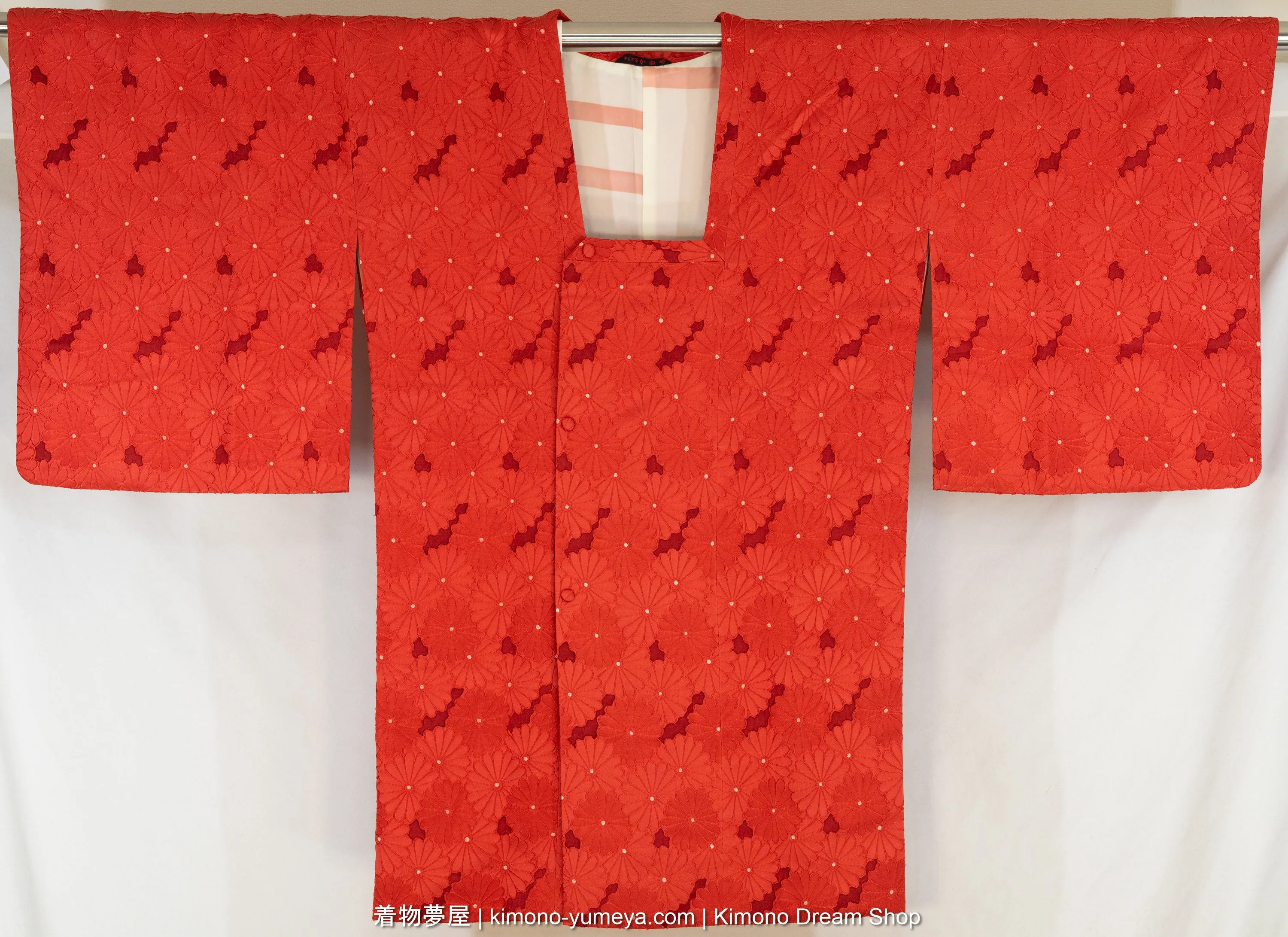 High Quality Silk Red Michiyuki with Chrysanthemums Pattern for Women - Traditional Kimono Jacket - Shibori & Hand Painting