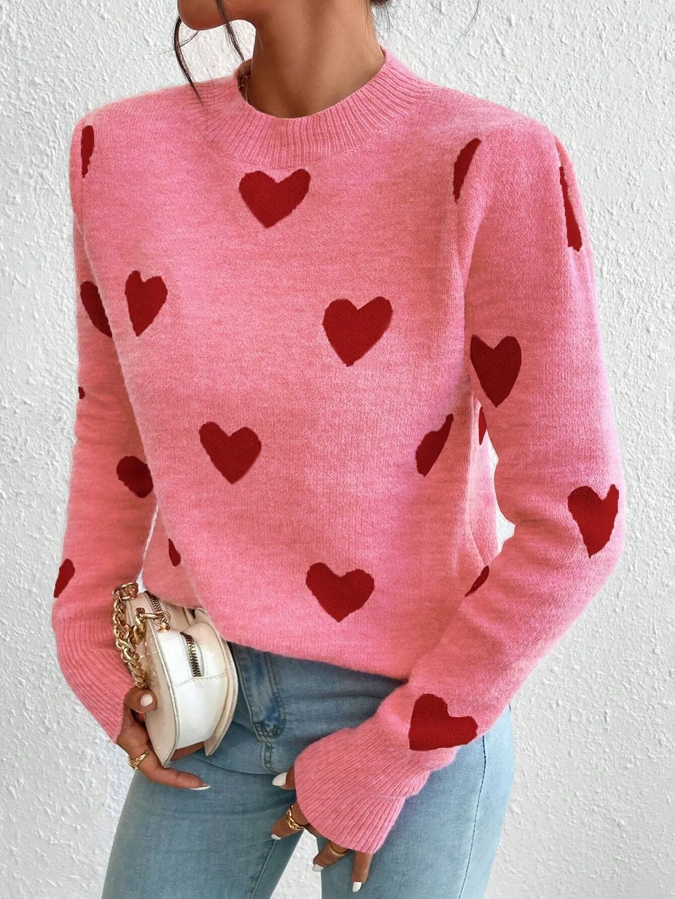 Leisure Heart Jacquard Long Sleeve Crew Neck Pullover Jumper