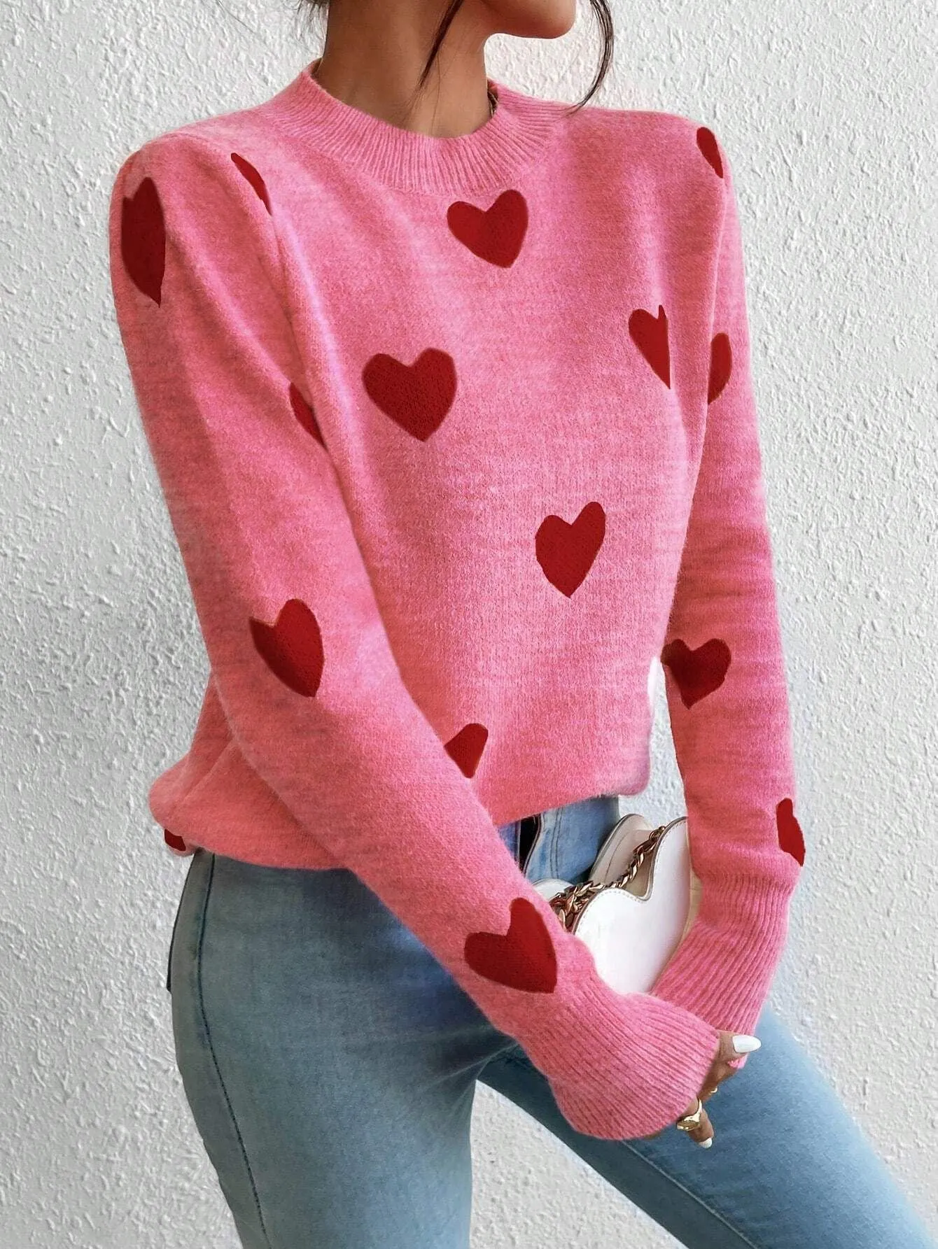 Leisure Heart Jacquard Long Sleeve Crew Neck Pullover Jumper