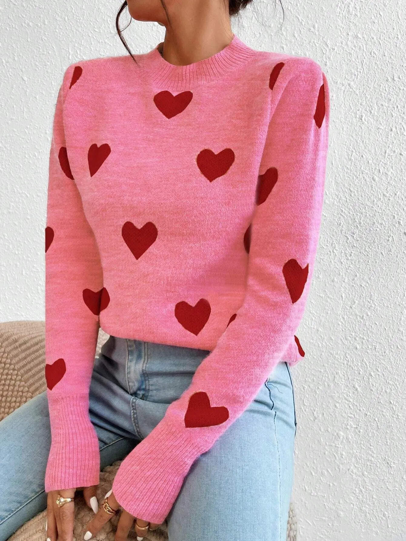 Leisure Heart Jacquard Long Sleeve Crew Neck Pullover Jumper
