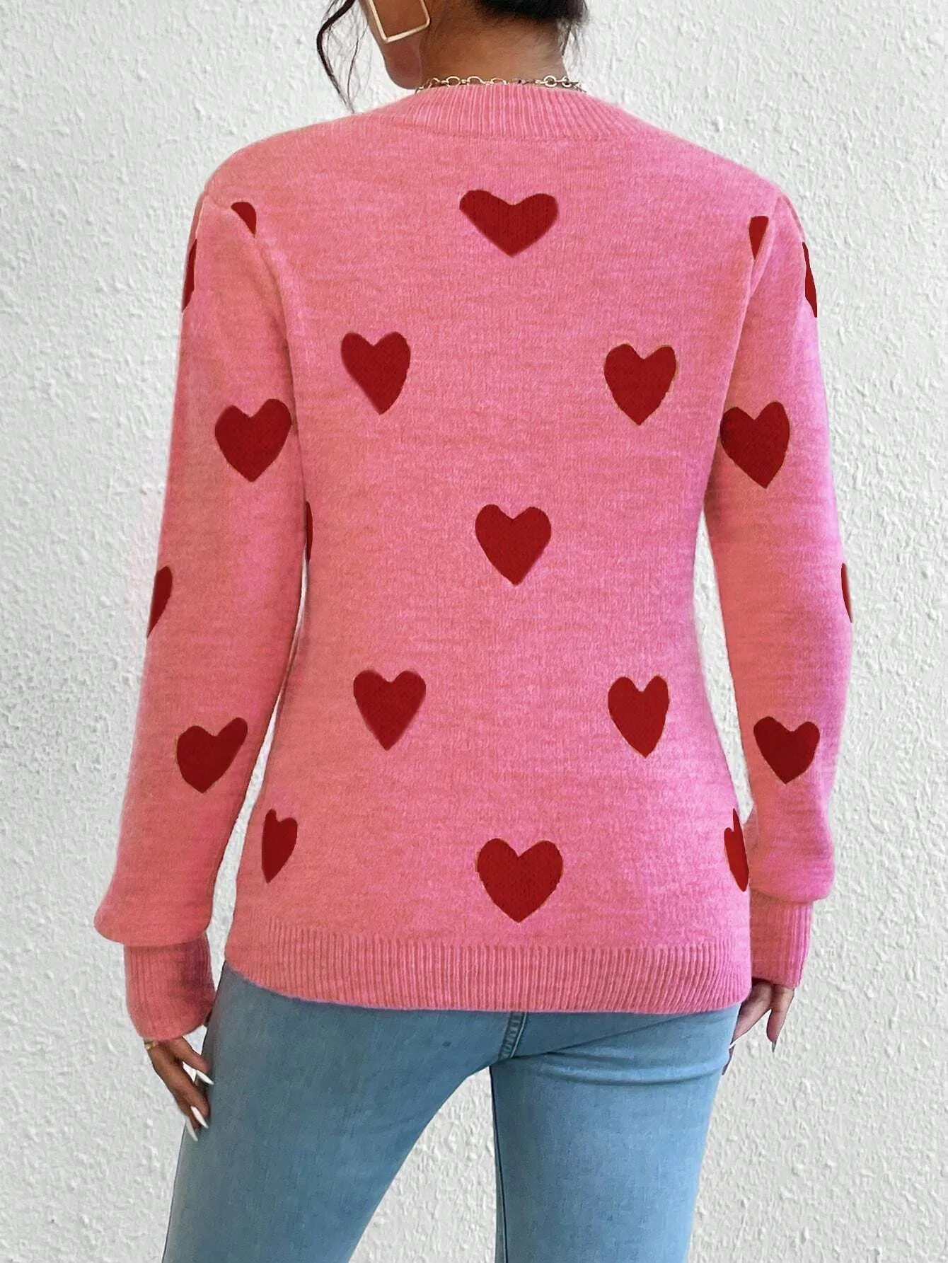 Leisure Heart Jacquard Long Sleeve Crew Neck Pullover Jumper