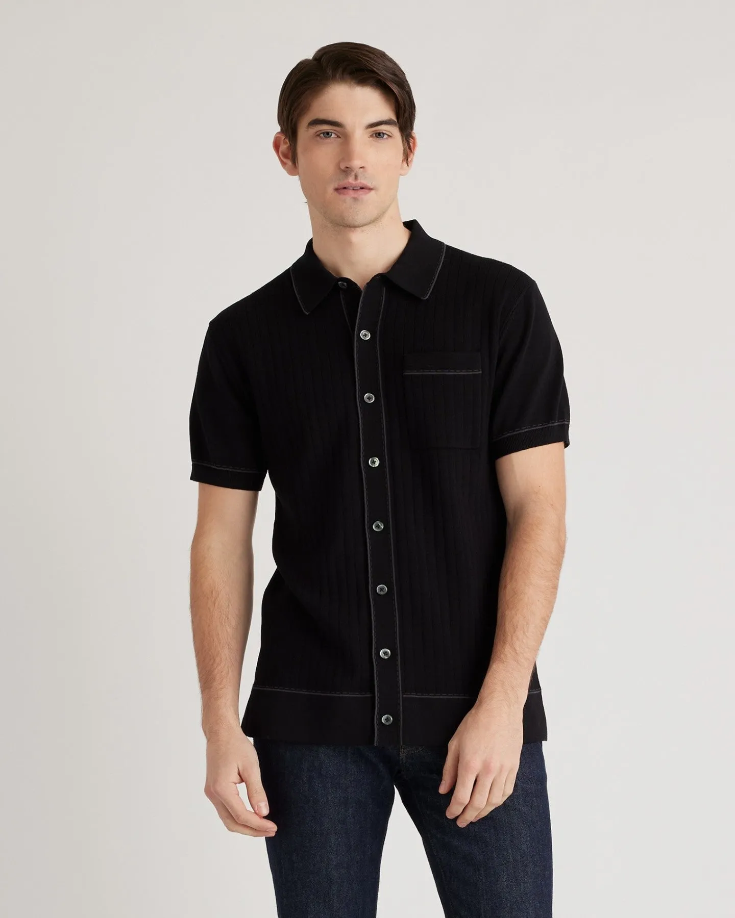 Organic Cotton-Silk Button Down Polo Sweater