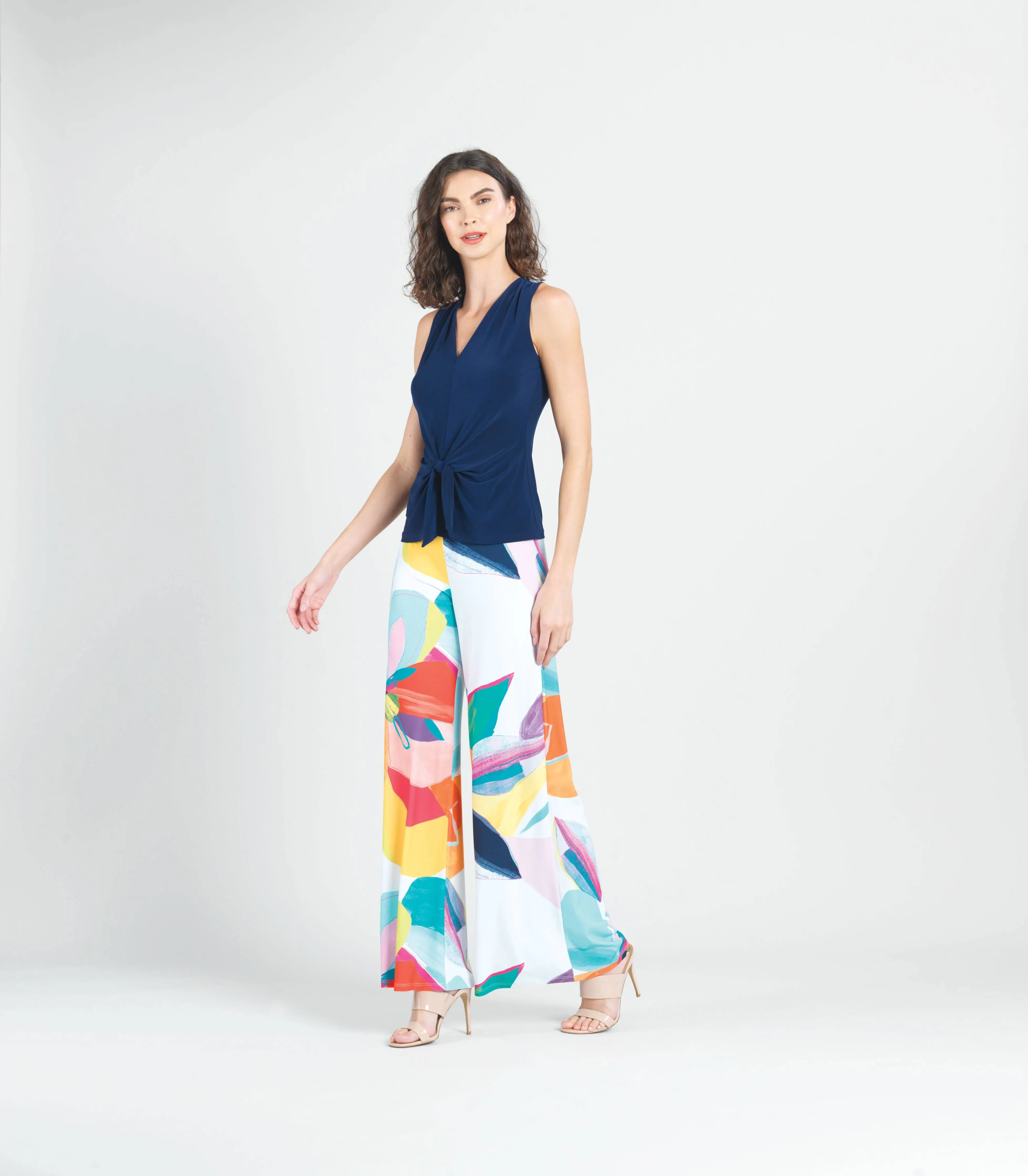 Sleeveless V-Neck Center Front Tie Top:  NAVY