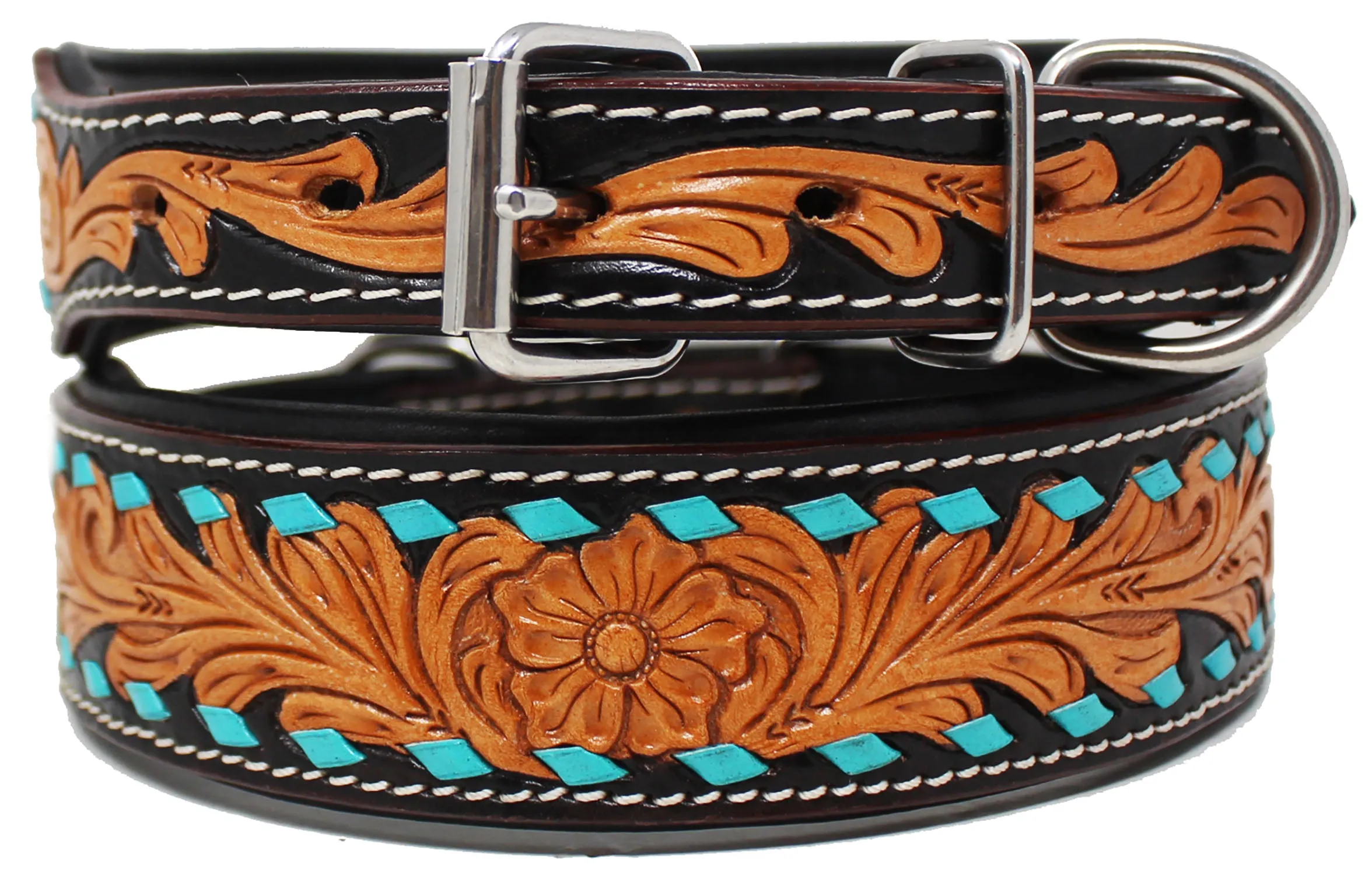 Turquoise Buck Stitch Tooled Padded Leather Dog Puppy Collar 60199