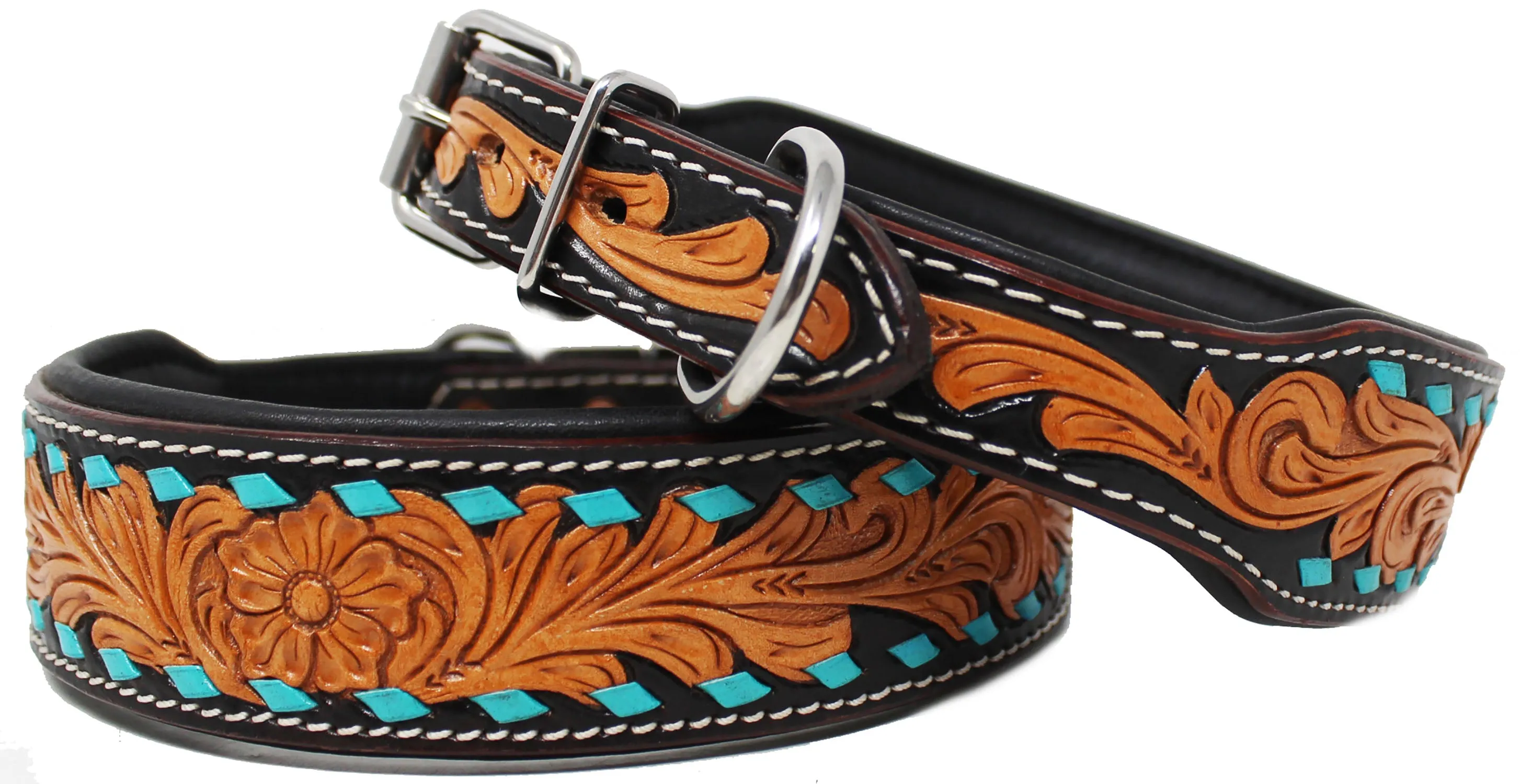 Turquoise Buck Stitch Tooled Padded Leather Dog Puppy Collar 60199