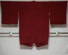Vintage Silk Red Michiyuki - Abstract Floral Patterns - Women's Kimono Jacket with Pocket and Buttons -  Dark Red Maroon Color